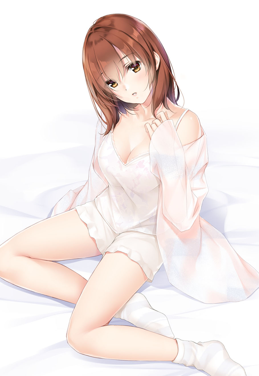1girl arm_at_side bangs bed_sheet blush breasts brown_eyes brown_hair camisole cleavage collarbone commentary_request eyebrows_visible_through_hair hand_on_own_chest head_tilt highres long_sleeves looking_at_viewer medium_breasts medium_hair nayuta69 off_shoulder open_clothes open_shirt original parted_lips see-through shirt shorts simple_background single_bare_shoulder sitting socks solo striped striped_legwear white_background white_legwear white_shirt white_shorts yokozuwari