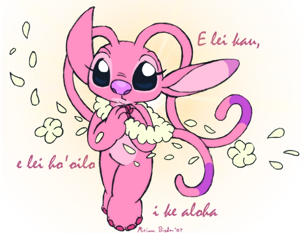 2007 4_toes alien angel_(lilo_and_stitch) antennae blue_eyes claws digital_drawing_(artwork) digital_media_(artwork) disney experiment_(species) eyelashes flower fur hawaiian_text lei lilo_and_stitch looking_at_viewer miriamthebat no_sclera petals pink_claws pink_fur pink_nose plant signature simple_background toes white_background