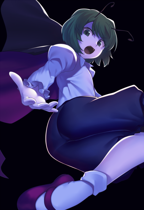 1girl antennae bangs black_background black_cape black_shorts cape commentary_request eyebrows_visible_through_hair green_eyes green_hair juliet_sleeves kaiza_(rider000) long_sleeves mary_janes puffy_sleeves red_footwear shirt shoes short_hair shorts simple_background socks solo touhou v-shaped_eyebrows white_legwear white_shirt wing_collar wriggle_nightbug