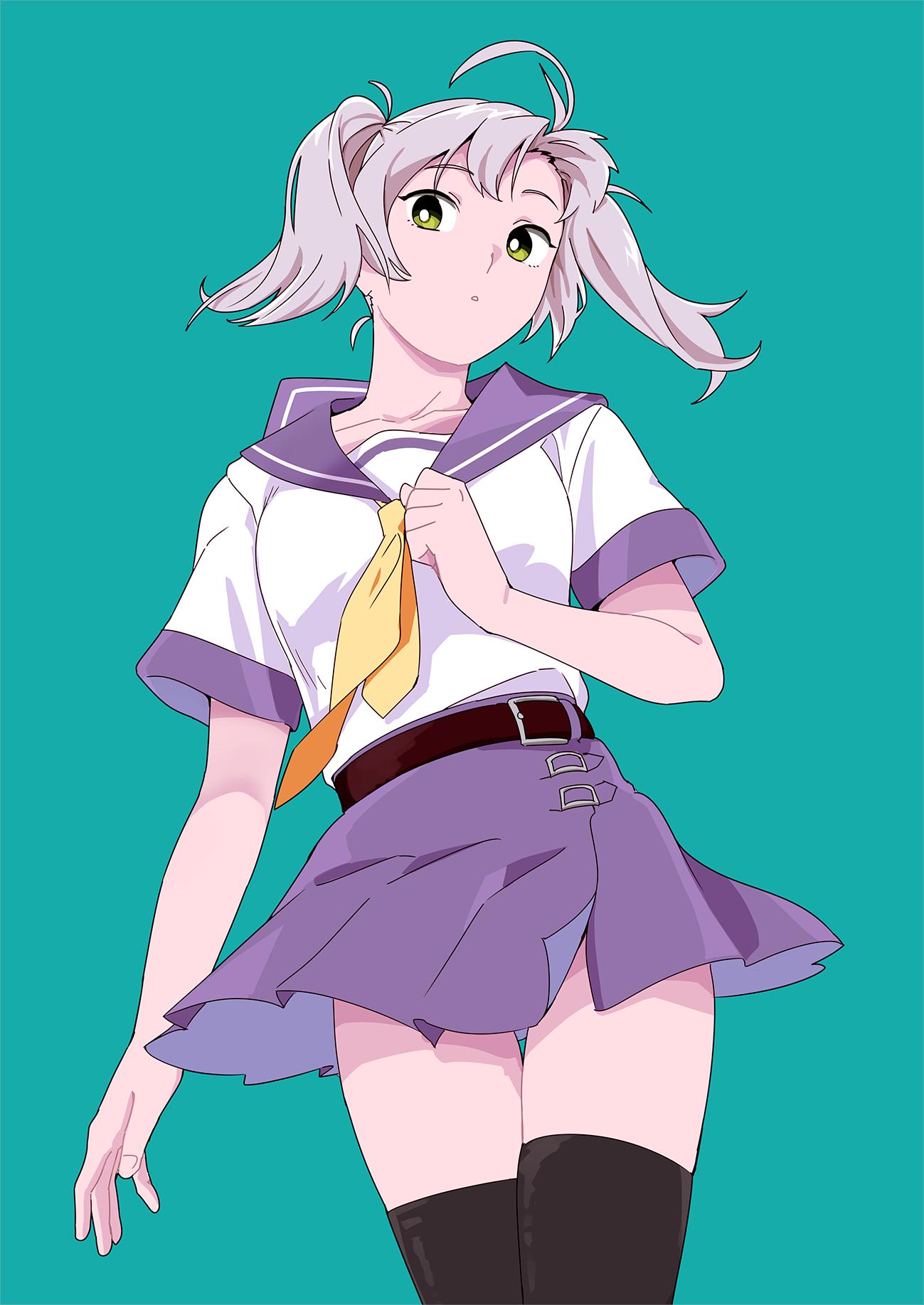 1girl ahoge antenna_hair aqua_background belt black_legwear cowboy_shot green_eyes grey_hair hair_tie highres kantai_collection kinugasa_(kantai_collection) neckerchief necktie ojipon purple_sailor_collar purple_skirt sailor_collar school_uniform serafuku short_twintails simple_background skirt solo standing thighhighs tsurime twintails yellow_neckwear