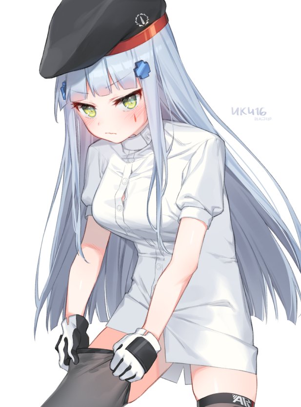 1girl beret black_legwear blush bottomless breasts buttons character_name commentary_request dressing facepaint girls_frontline gloves green_eyes hajin hat hk416_(girls_frontline) iron_cross long_hair looking_at_viewer medium_breasts shirt short_sleeves silver_hair simple_background solo thighhighs very_long_hair wavy_mouth white_background white_shirt