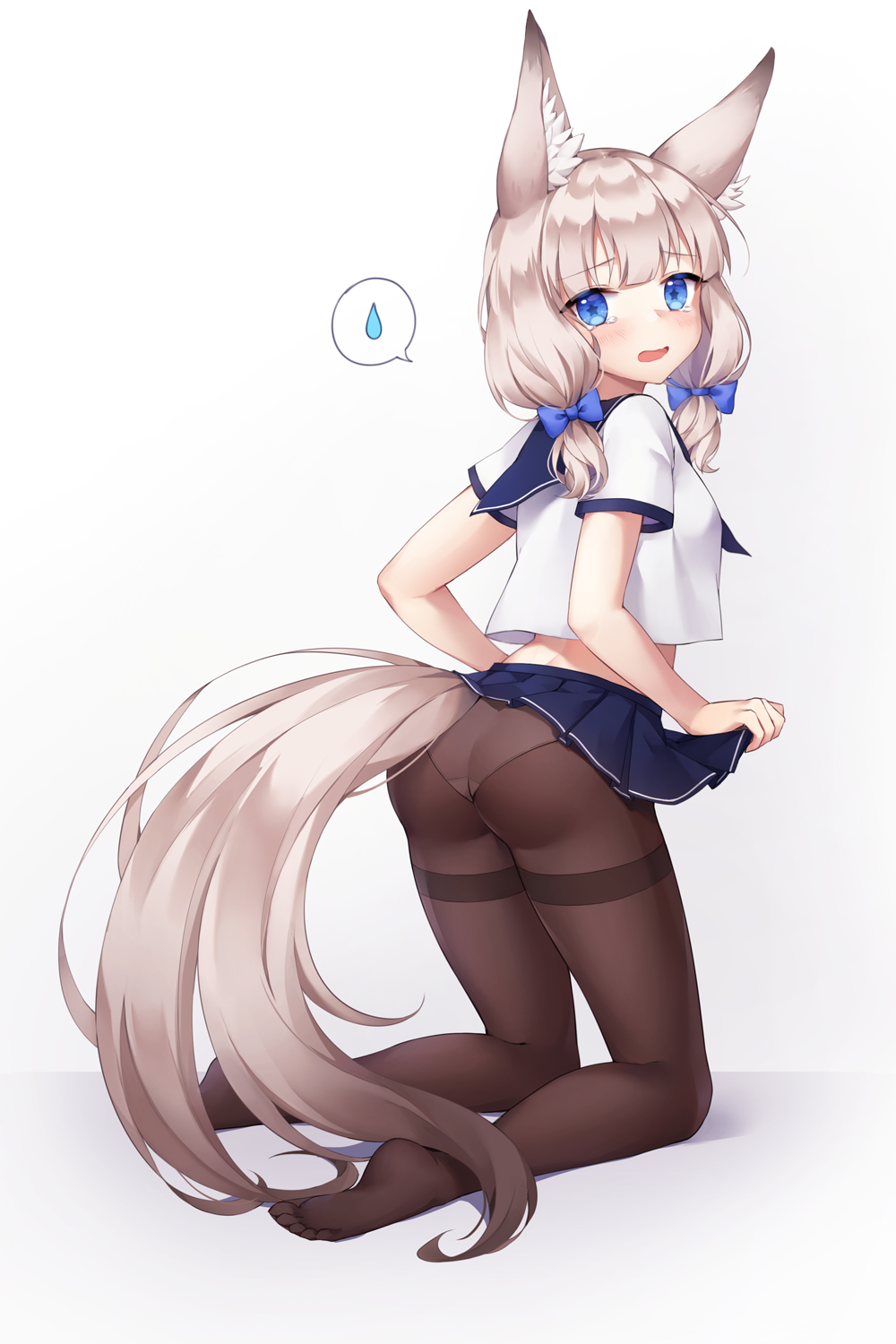 1girl animal_ear_fluff animal_ears ass bangs blue_bow blue_eyes blue_sailor_collar blue_skirt blush bow brown_background commentary english_commentary eyebrows_visible_through_hair full_body hair_bow highres light_brown_hair looking_at_viewer looking_to_the_side no_shoes open_mouth original panties panties_under_pantyhose pantyhose pleated_skirt pong_(vndn124) sailor_collar school_uniform serafuku shirt short_sleeves skirt soles solo spoken_sweatdrop star star-shaped_pupils sweatdrop symbol-shaped_pupils tail tears thighband_pantyhose underwear white_shirt
