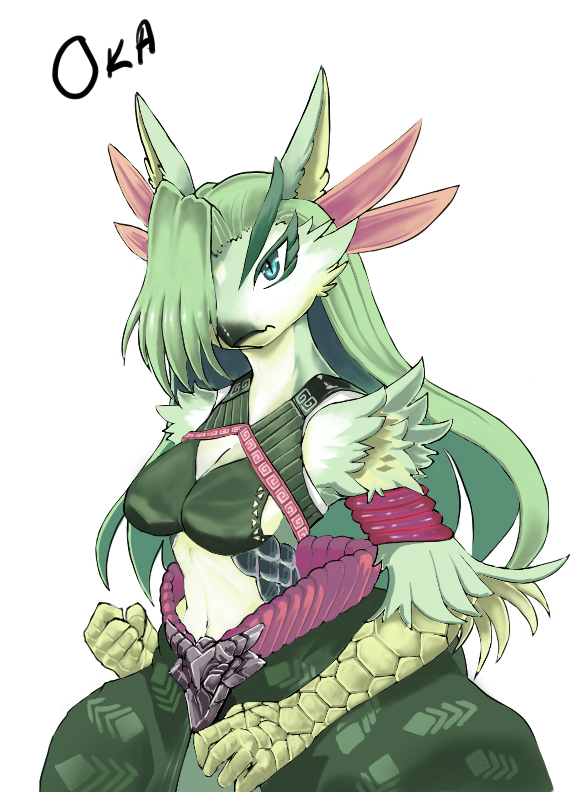 akitokit anthro avian beak big_breasts blue_eyes breasts cleavage clothed clothing english_text feathers female green_feathers green_hair hair kemono midriff solo text