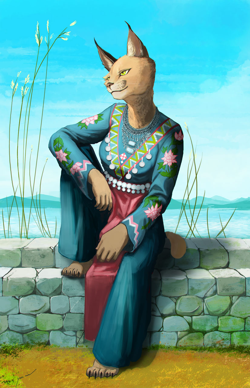 anthro caracal clothed clothing cloud detailed_background ear_tuft feline female grass horizon jewelry lake landscape mammal necklace outside sitting sky solo tuft water yellow_eyes yen_rin