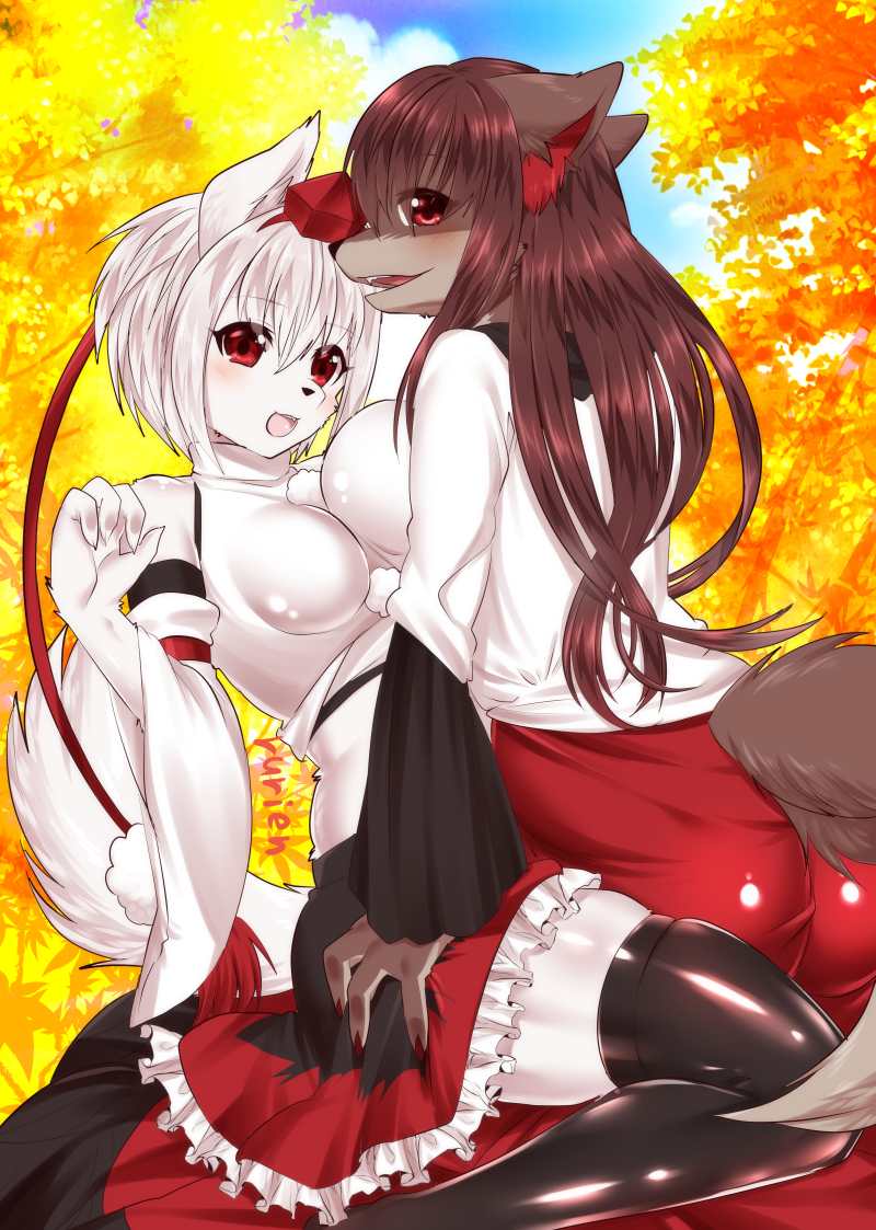 4_fingers alternate_species anthro big_breasts black_legwear blue_sky breasts brown_fur brown_hair butt canine clothing countershade_face countershading day detailed_background digital_media_(artwork) duo female fur furrification grey_countershading grey_fur hair hat imaizumi_kagerou inner_ear_fluff kemono legwear mammal medium_breasts momiji_inubashiri multicolored_fur outside red_eyes rurien shiny sky thigh_highs tokin_hat touhou tree were werewolf white_fur white_hair wolf