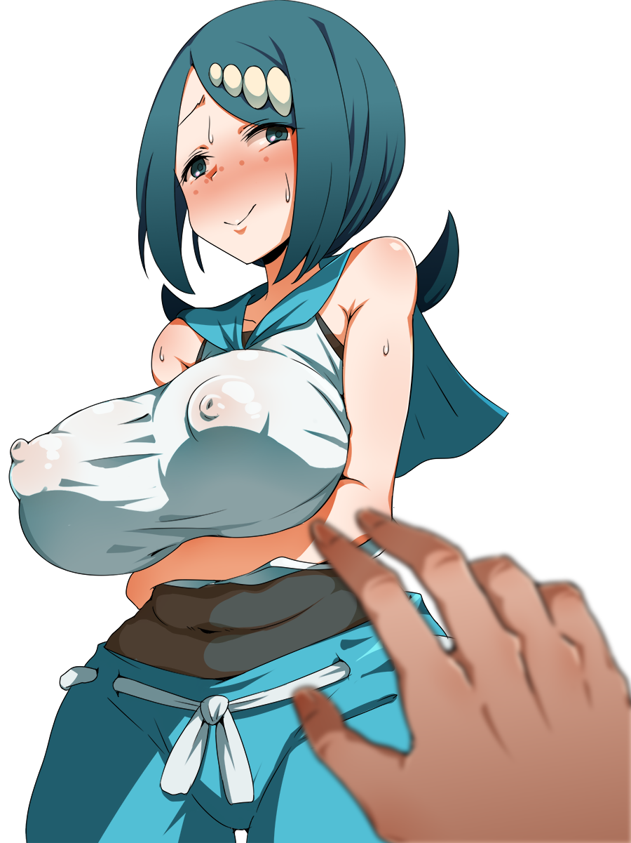 1boy 1girl areolae bare_shoulder blue_eyes blue_hair blush breast_hold breasts dark_skinned_male erect_nipples furau-ru hands highres imminent_sex large_breasts looking_at_viewer mature milf nipples pants pokemon pokemon_(anime) pokemon_sm_(anime) pov shirt simple_background sleeveless smile suiren's_mother_(pokemon) sweat swimsuit_under_clothes white_background