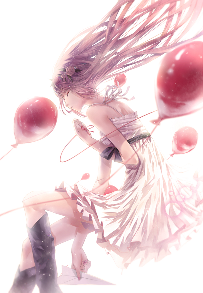 applekun balloon black_footwear black_ribbon boots closed_eyes crying dress floating floating_hair flower from_side hair_flower hair_ornament holding long_hair megurine_luka nail_polish paper_airplane pink_flower pink_hair pink_nails red_balloon ribbon short_dress simple_background sleeveless sleeveless_dress solo tears vocaloid white_background white_dress