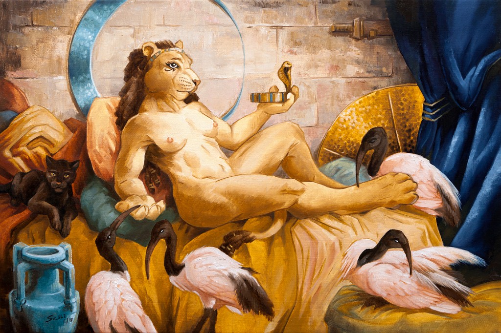 2013 4_fingers 4_toes anthro avian bird breasts crown deity detailed_background drapery feline female feral fur hair holding_object jewelry lion looking_at_viewer mammal nipples nude reclining scale_(artist) sekhmet shaded solo tail_tuft tan_fur toes traditional_media_(artwork) tuft