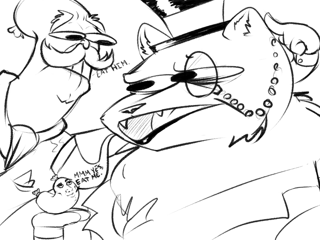 anthro baron_von_bratwurst canine caress clothed clothing dialogue ear_tuft english_text eye_brows eyewear facial_hair fangs food frank_ferdinand hat humanoid male mammal monochrome monocle mustache open_mouth sausage shitpost smoke smoking smoking_pipe teeth text top_hat tuft velrizoth