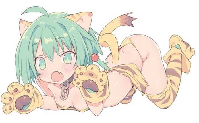 1girl :o ahoge animal_ears animal_print bangs bare_shoulders bikini blade_(galaxist) blush breasts chains cham_cham collarbone commentary_request eyebrows_visible_through_hair fang full_body gloves green_eyes green_hair hair_between_eyes open_mouth paw_gloves paw_shoes paws print_legwear samurai_spirits shoes simple_background small_breasts solo swimsuit tail tail_raised thighhighs tiger_ears tiger_girl tiger_print tiger_tail white_background yellow_bikini