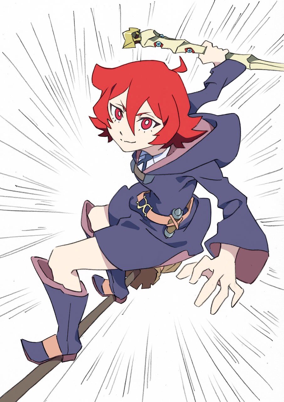 ahoge anime_coloring arai_hiroki belt boots broom broom_riding broom_surfing emphasis_lines highres hood hood_down little_witch_academia red_eyes red_hair robe shiny_chariot shiny_rod short_hair solo standing standing_on_broom white_background wide_sleeves witch