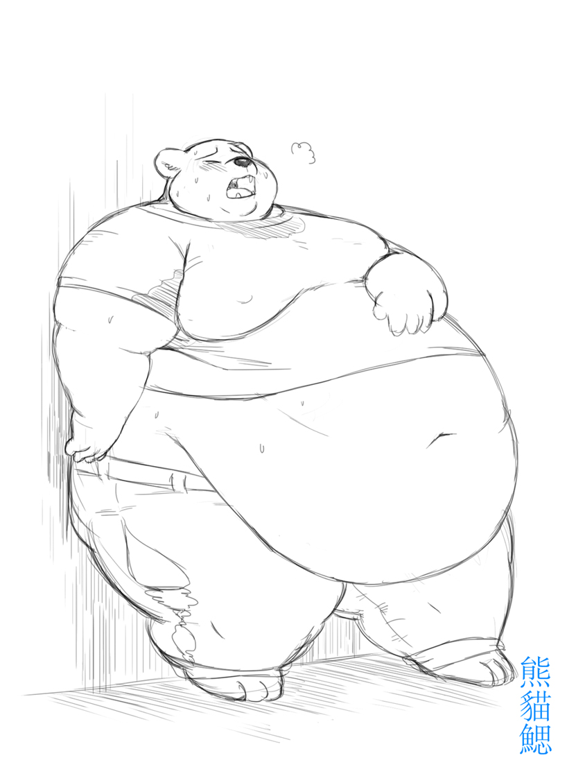 against_wall anthro belly belly_overhang big_belly big_butt blush butt chubby_cheeks clothed clothing double_chin eyes_closed gillpanda hand_on_stomach male mammal midriff monochrome moobs navel nipple_outline obese obese_male open_mouth overweight overweight_male panting polar_bear solo sweat thick_thighs torn_clothing ursid ursine wide_hips