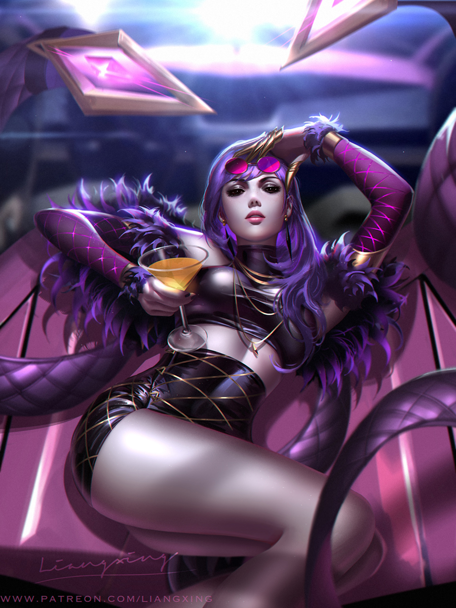 1girl artist_name claws cocktail_glass commentary cosplay cup detached_sleeves drinking_glass english_commentary evelynn evelynn_(cosplay) eyewear_on_head fur_trim glasses high-waist_skirt highres holding holding_cup jewelry k/da_(league_of_legends) k/da_evelynn league_of_legends liang_xing lips long_hair looking_at_viewer lying midriff necklace nose on_back overwatch patreon_username purple_hair purple_skin signature skirt solo widowmaker_(overwatch)