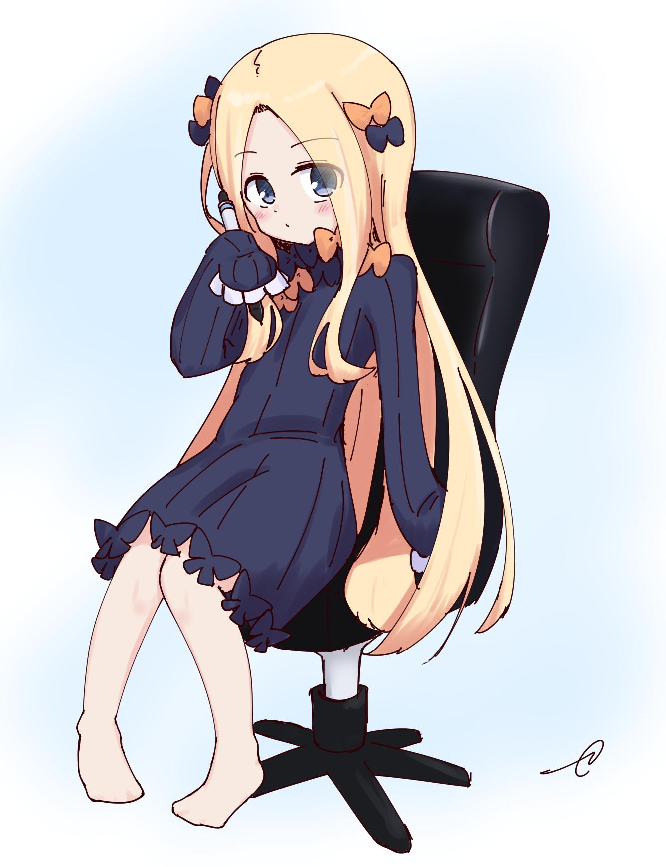 1girl abigail_williams_(fate/grand_order) bangs barefoot black_bow black_dress blonde_hair blue_eyes blush bow bug butterfly chair closed_mouth commentary_request dress eyebrows_visible_through_hair fate/grand_order fate_(series) forehead full_body hair_bow highres holding holding_pencil insect kujou_karasuma long_hair long_sleeves looking_at_viewer no_hat no_headwear office_chair on_chair orange_bow parted_bangs pencil signature sitting sleeves_past_fingers sleeves_past_wrists solo very_long_hair