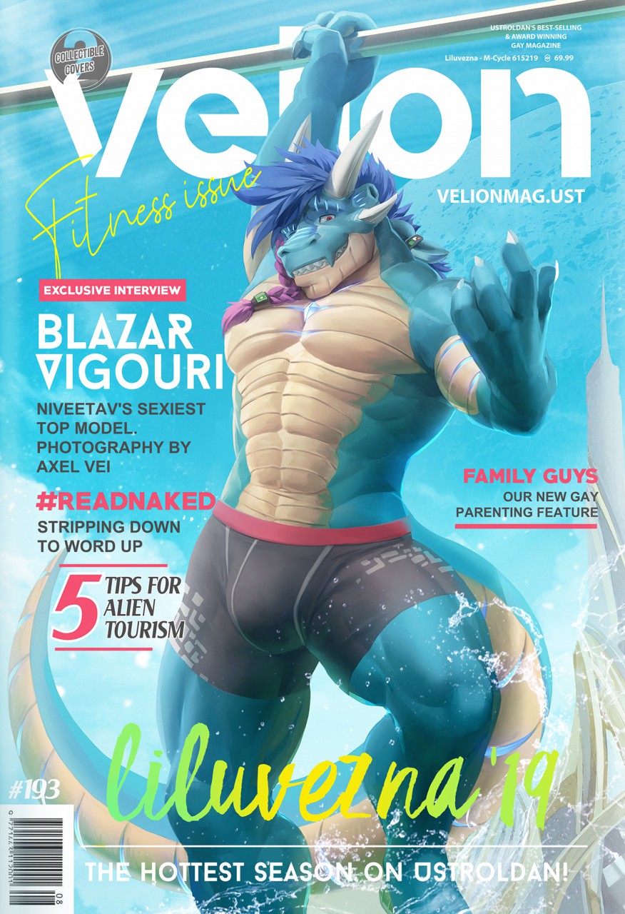 2019 abs alien anthro beach biceps blue_hair boxer_briefs braided_hair bulge claws close-up clothed clothing cover dragon english_text hair horn looking_at_viewer magazine magazine_cover male muscular muscular_male pecs pinup pose purple_hair quads red_eyes scales scalie seaside sharp_teeth smile solo takahirosi teeth text toe_claws triceps underwear water