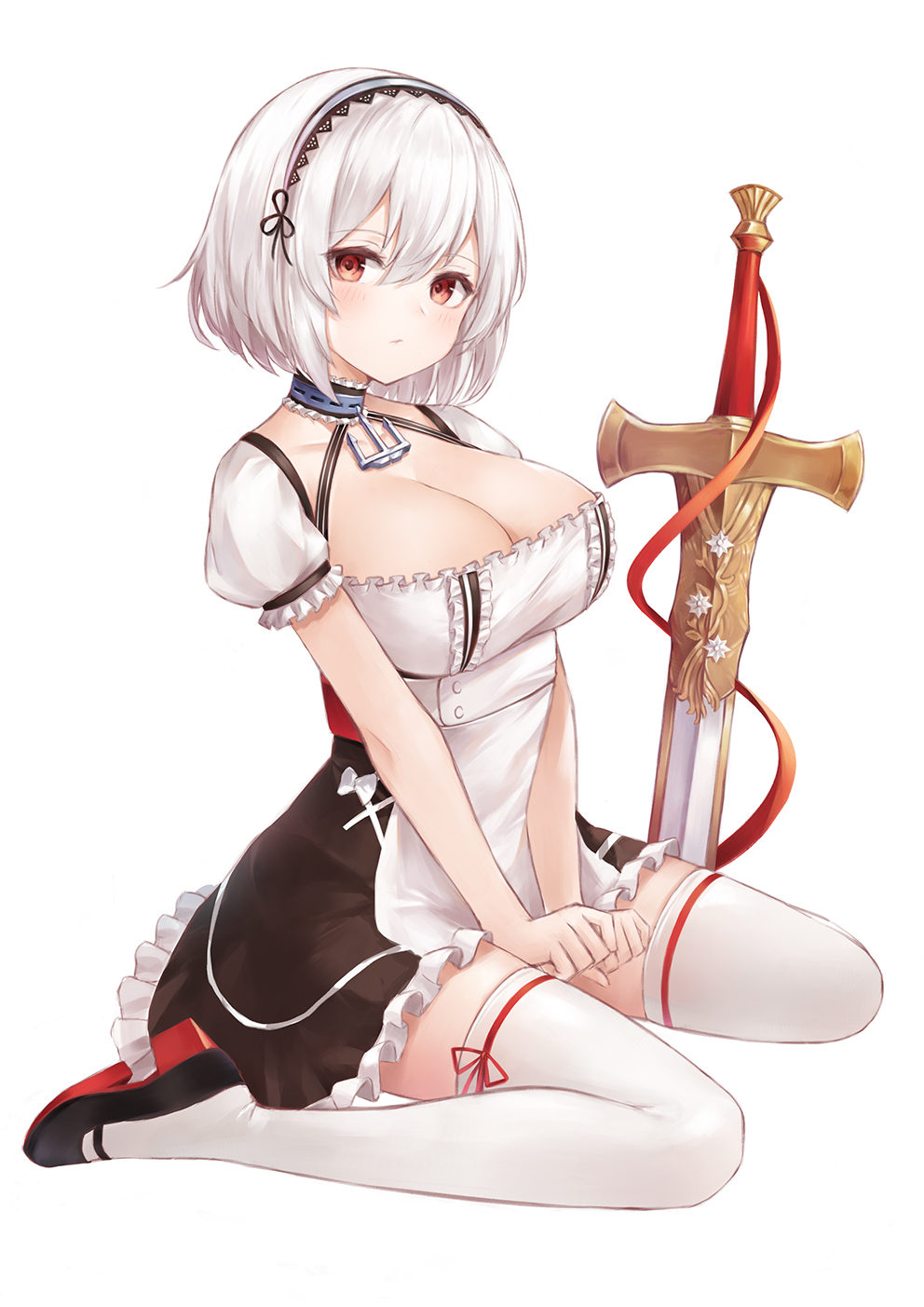 1girl anchor apron azur_lane bangs black_footwear black_hairband black_skirt blush breasts cleavage commentary_request frilled_skirt frilled_sleeves frills full_body fuwawa_(fuwawa617) hair_between_eyes hairband high-waist_skirt highres large_breasts looking_at_viewer mary_janes own_hands_together planted_sword planted_weapon puffy_short_sleeves puffy_sleeves red_eyes shirt shoes short_hair short_sleeves simple_background sirius_(azur_lane) sitting skirt solo suspender_skirt suspenders sword thighhighs v_arms waist_apron wariza weapon white_apron white_background white_legwear white_shirt zettai_ryouiki