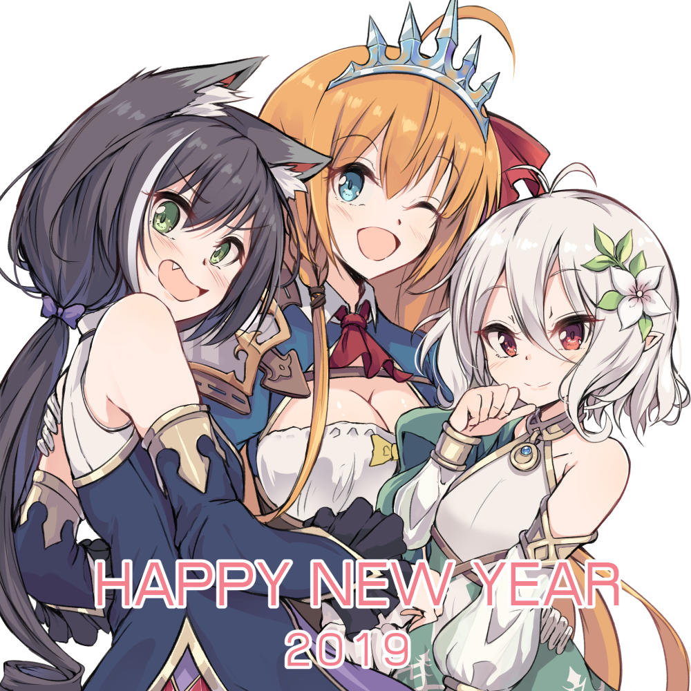 2019 3girls ;d ahoge animal_ear_fluff animal_ears antenna_hair ascot bangs bare_shoulders black_hair blue_dress blue_eyes blush braid breasts brown_hair cat_ears cleavage cleavage_cutout commentary_request detached_sleeves dress eyebrows_visible_through_hair fang flower green_eyes hair_between_eyes hair_flower hair_ornament hair_ribbon hand_up happy_new_year head_tilt kokkoro_(princess_connect!) kyaru_(princess_connect) large_breasts long_sleeves multicolored_hair multiple_girls nakatokung new_year one_eye_closed open_mouth pecorine princess_connect! princess_connect!_re:dive puffy_long_sleeves puffy_sleeves red_eyes red_neckwear red_ribbon ribbon short_hair side_braid silver_hair simple_background single_braid sleeveless sleeveless_dress sleeves_past_wrists small_breasts smile streaked_hair tiara white_background white_dress white_flower white_hair white_sleeves
