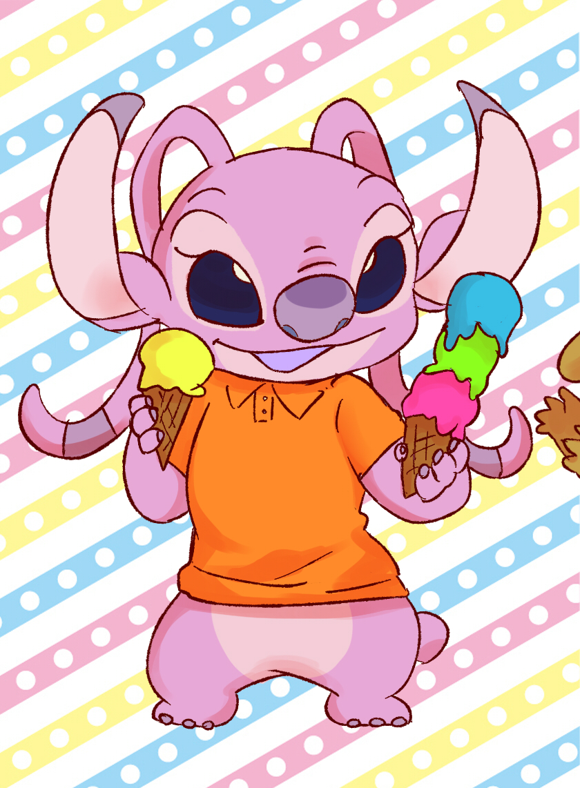 2015 3_toes 4_fingers alien angel_(lilo_and_stitch) antennae boreuben bottomless claws clothed clothing dessert digital_drawing_(artwork) digital_media_(artwork) disembodied_hand disney duo experiment_(species) eyelashes food fur happy ice_cream ice_cream_cone lilo_and_stitch nose_wrinkle open_mouth open_smile orange_shirt pattern_background pink_claws pink_fur polo_shirt purple_eyes purple_nose sharing shirt simple_background small_tail smile solo_focus striped_background toes