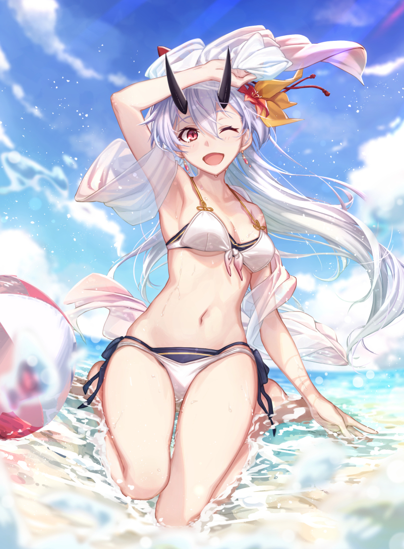 1girl ;d arm_up armpits ball bangs beach beachball bikini bikini_under_clothes blurry blurry_background blush breasts casual cleavage cloud collarbone commentary_request day earrings fate/grand_order fate_(series) flower glint hair_between_eyes hair_flower hair_ornament hair_ribbon horns jewelry kneeling large_breasts long_hair looking_at_viewer m-ya ocean one_eye_closed oni_horns open_mouth outdoors partially_submerged ponytail red_eyes ribbon see-through shawl side-tie_bikini silver_hair smile solo splashing stomach swimsuit thighs tomoe_gozen_(fate/grand_order) transparent twitter_username very_long_hair water_drop wet white_bikini