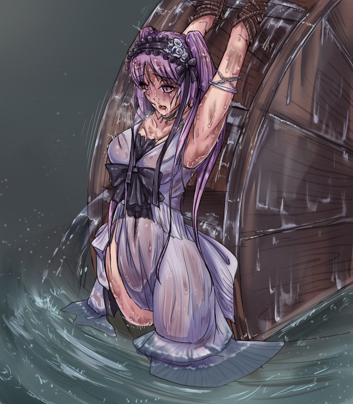 1girl bdsm bloomers blush dress euryale fate/grand_order fate_(series) hairband mill peril purple_eyes purple_hair restrained rope solo tagme twintails waterboarding wet wet_clothes wheel