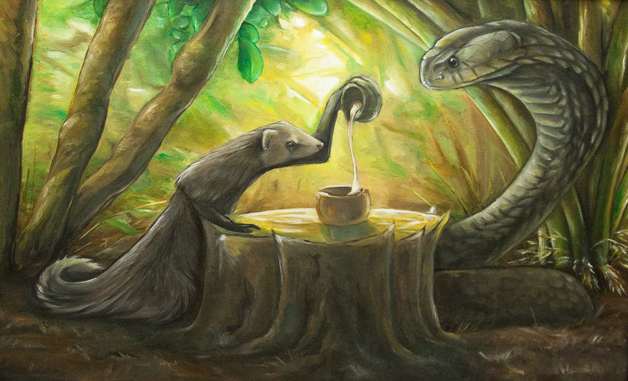 ambiguous_gender beverage brown_fur brown_nose brown_scales cobra detailed_background duo feral fluffy fur indian_cobra indian_grey_mongoose jungle long_neck mammal mongoose nature outside painting_(artwork) pouring predator/prey puppy-chow reptile scales scalie sitting snake tea traditional_media_(artwork) tree tree_trunk warm_colors