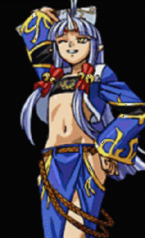 1girl animated animated_gif arm_up banpresto bell black_background blue_hair dancing fan female flat_chest hair_ornament hand_on_hip horn long_hair lowres midriff one_eye_open open_mouth ribbon simple_background solo standing strapless super_robot_wars super_robot_wars_og_saga_mugen_no_frontier suzuka_hime tubetop yellow_eyes