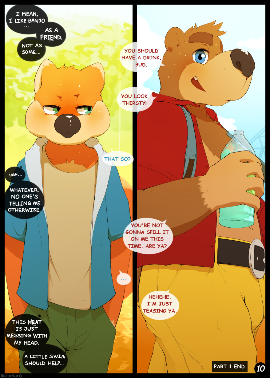 anthro backpack banjo-kazooie banjo_(banjo-kazooie) bear brown_fur clothed clothing comic conker conker's_bad_fur_day duo english_text fur group hi_res hollo_nut mammal red_shirt rodent squirrel sweat text tree video_games