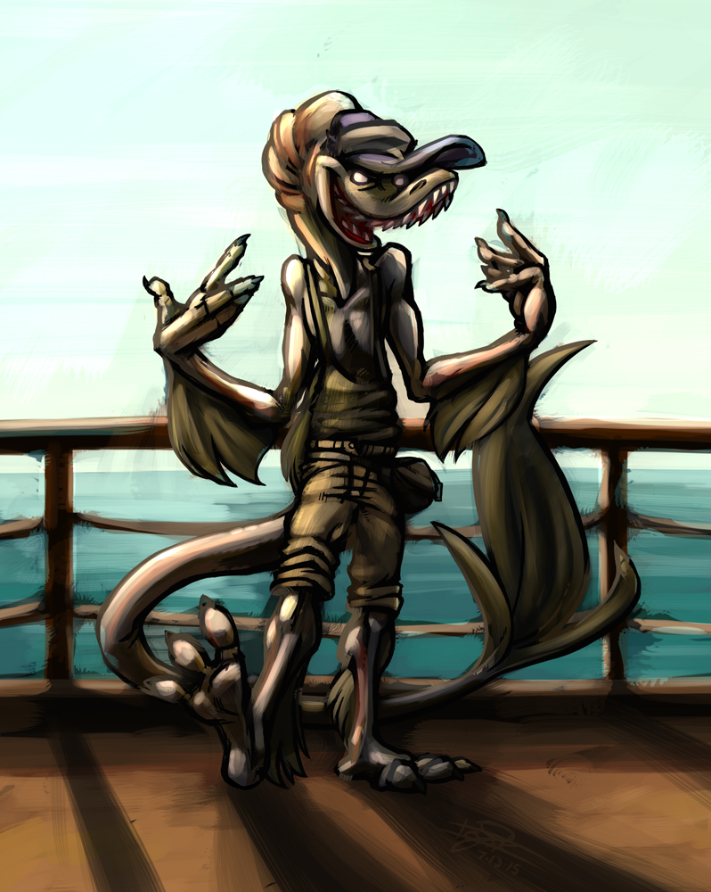 2015 3_toes 4_fingers ambiguous_gender anthro arm_fins arm_tuft athletic biped clothed clothing commissar-k digital_media_(artwork) digital_painting_(artwork) fin fish flat_chested frill frilled_shark front_view full-length_portrait grey_skin hat leg_tuft long_neck long_tail marine no_pupils open_mouth partially_clothed portrait pose raised_leg sea shark sharp_teeth sky smile solo standing tail_fin teeth toes topless water webbed_hands