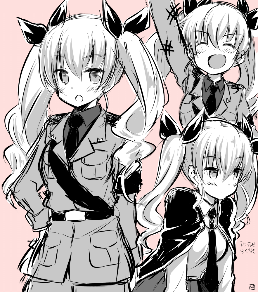 :d ^_^ akane_souichi anchovy anzio_military_uniform anzio_school_uniform bangs blush bow closed_eyes closed_mouth eyebrows_visible_through_hair fang girls_und_panzer greyscale hair_between_eyes hair_bow hand_on_hip light_smile military military_uniform monochrome multiple_views open_mouth ringlets sketch smile twintails uniform