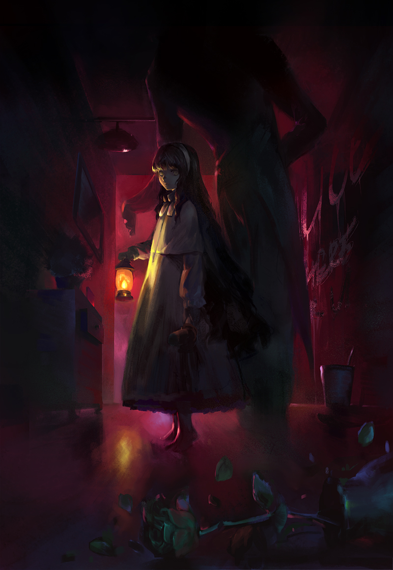 1girl backlighting barefoot brown_hair commentary dark dress flower hairband hallway hat holding holding_hat horror_(theme) indoors kzcjimmy lantern long_hair looking_to_the_side original painting_(object) rose size_difference vase