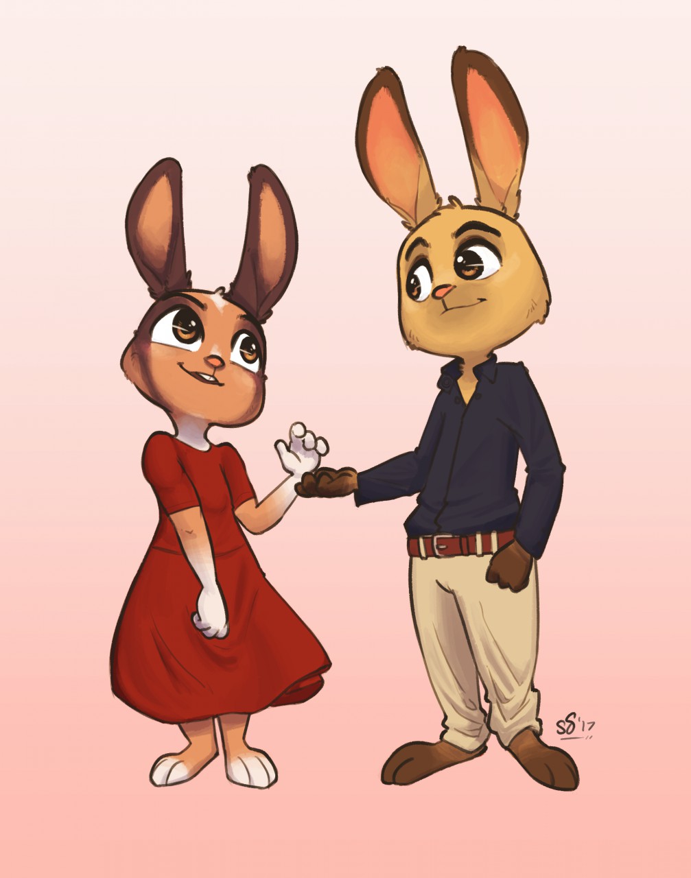 2017 alec8ter anthro barefoot belt buckteeth clothed clothing disney dress duo fan_character female gradient_background lagomorph male mammal rabbit signature simple_background standing teeth zootopia
