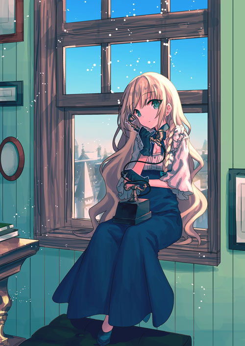 bangs blonde_hair blouse blue_dress blue_gloves braid closed_mouth commentary_request corded_phone day dress expressionless eyebrows_visible_through_hair frills full_body gloves green_eyes hair_over_shoulder head_tilt holding holding_phone indoors light_particles long_dress long_hair looking_at_viewer matsuha_shuu original phone picture_frame side_braid sitting sitting_in_window solo very_long_hair wavy_hair white_blouse window