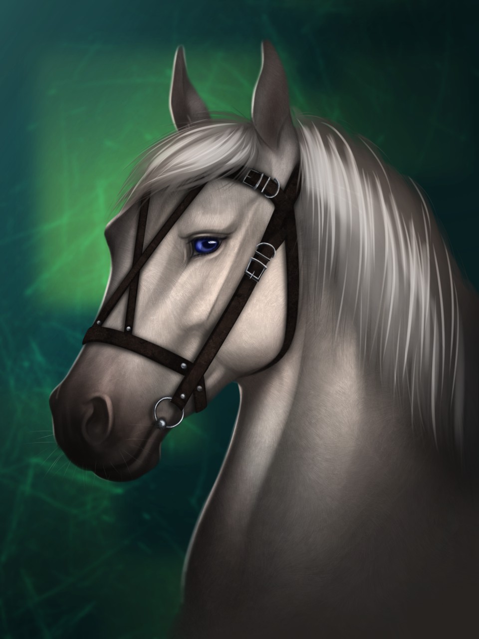 2017 ambiguous_gender anuta_belko blue_eyes bridle digital_media_(artwork) equine feral fur green_background headshot_portrait hi_res horse looking_at_viewer mammal mane portrait riche side_view simple_background snout solo white_fur white_mane