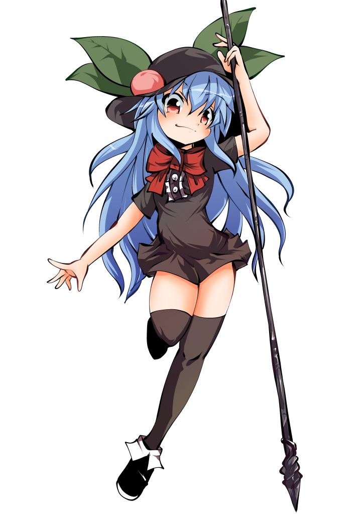 :3 black_dress black_legwear blue_hair blush bow commentary cosplay dress food food_on_head fruit fruit_on_head hat hinanawi_tenshi houjuu_nue houjuu_nue_(cosplay) komojino-u leaf long_hair looking_at_viewer object_on_head peach polearm red_eyes shoes short_dress smile solo spear standing standing_on_one_leg thighhighs thighs touhou weapon zettai_ryouiki