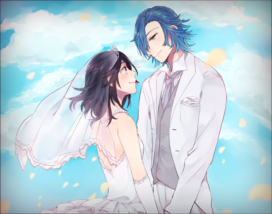 1girl backless_dress backless_outfit black_hair blue_hair blush bridal_veil cloud cloudy_sky day dress elbow_gloves eye_contact from_side gloves green_eyes grey_neckwear groom hair_ornament hetero holding_hands jacket jewelry kill_la_kill kokeshi_1101 layered_dress long_hair looking_at_another looking_down matoi_ryuuko mikisugi_aikurou neckerchief necklace outdoors pants petals sky sleeveless sleeveless_dress smile strapless strapless_dress veil wedding_dress white_dress white_gloves white_jacket white_pants