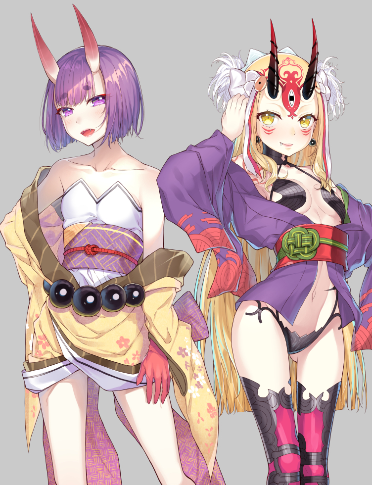 ass_visible_through_thighs bangs bare_shoulders beads black_legwear blonde_hair blunt_bangs breasts collarbone cosplay costume_switch earrings eyebrows_visible_through_hair fang fang_out fate/grand_order fate_(series) grey_background hair_ornament hakuishi_aoi horns ibaraki_douji_(fate/grand_order) ibaraki_douji_(fate/grand_order)_(cosplay) japanese_clothes jewelry kimono long_hair looking_at_viewer multiple_girls navel obi oni oni_horns open_mouth prayer_beads purple_eyes purple_hair sash short_hair shuten_douji_(fate/grand_order) shuten_douji_(fate/grand_order)_(cosplay) simple_background small_breasts smile standing thick_eyebrows thighhighs very_long_hair yellow_eyes yellow_kimono