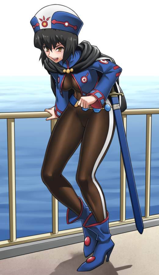 :d ankle_boots bangs black_bodysuit black_hair blue_footwear blush bob_cut bodysuit boots breasts brown_eyes cape chloe_valens commentary_request full_body gonoike_biwa hat high_heel_boots high_heels large_breasts leaning_forward long_sleeves looking_at_viewer ocean open_mouth railing scabbard sheath sheathed short_hair smile solo spandex standing sweat sword tales_of_(series) tales_of_legendia tears v-shaped_eyebrows very_short_hair weapon