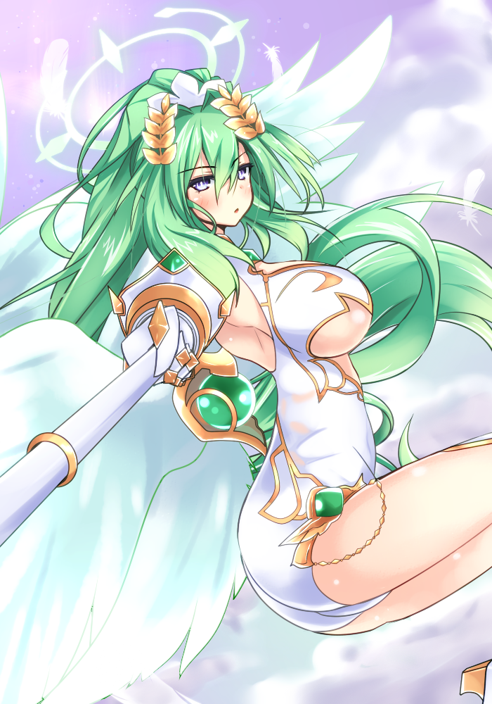 angel_wings blush breasts cleavage feathers four_goddesses_online:_cyber_dimension_neptune green_hair green_heart hair_ornament halo large_breasts laurel_crown leotard long_hair looking_at_viewer neptune_(series) polearm ponytail power_symbol purple_eyes solo spear symbol-shaped_pupils underboob very_long_hair warabi_mochi_(ehimedaisuki) weapon wings