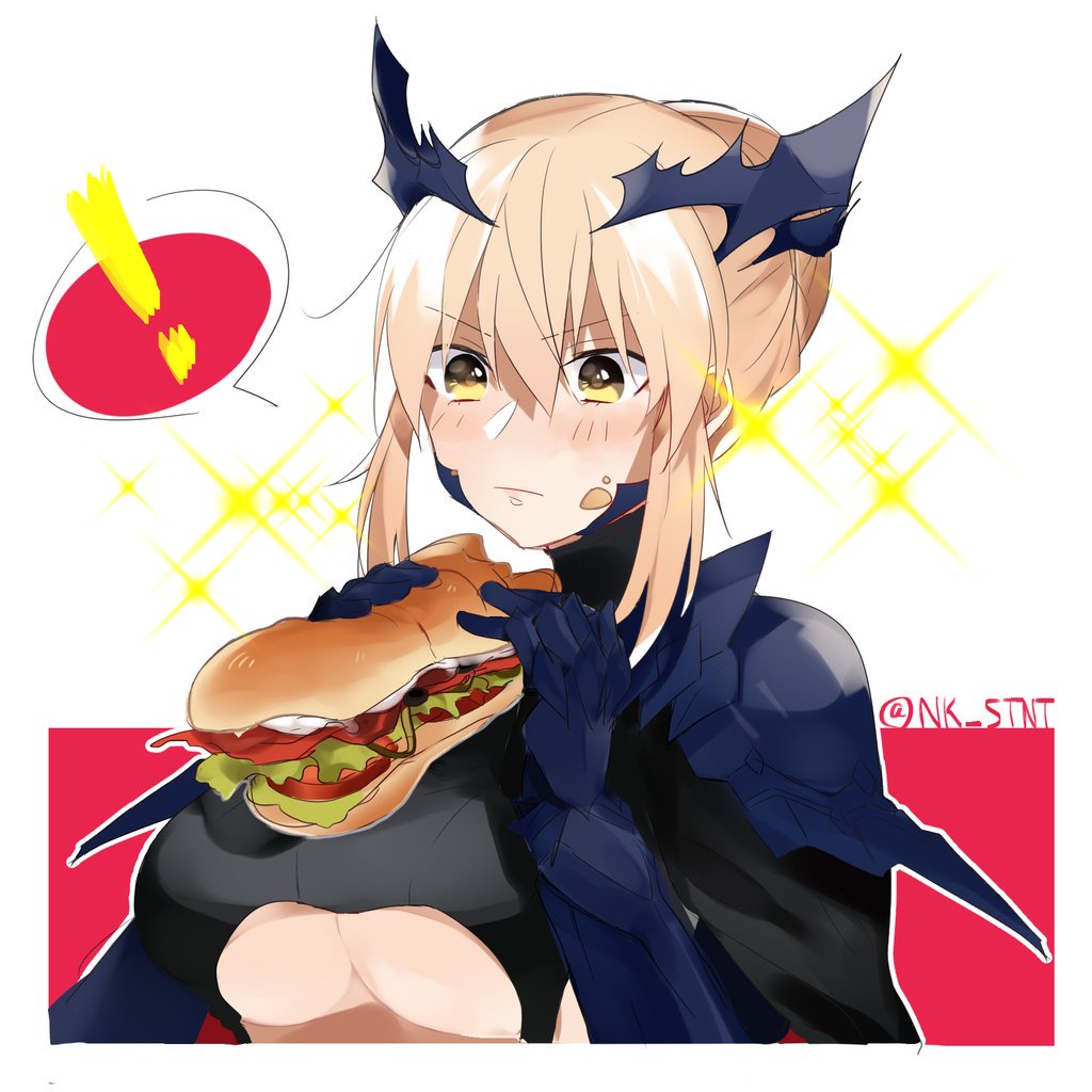 1girl artoria_pendragon_(all) artoria_pendragon_(lancer_alter) bangs blonde_hair blush breasts cleavage closed_mouth eating eyebrows_visible_through_hair fate/grand_order fate_(series) food food_on_face hair_between_eyes holding holding_food large_breasts nk pauldrons sandwich sidelocks solo sparkle spoken_exclamation_mark twitter_username underboob upper_body yellow_eyes