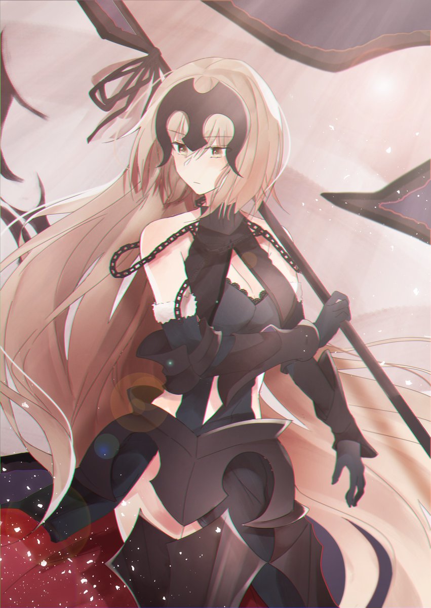 armor armored_dress bangs black_gloves blonde_hair breasts chain cleavage closed_mouth cowboy_shot crossed_legs elbow_gloves fate/grand_order fate_(series) flag fur-trimmed_gloves fur_trim gloves headpiece highres holding holding_flag jeanne_d'arc_(alter)_(fate) jeanne_d'arc_(fate)_(all) lens_flare long_hair looking_to_the_side medium_breasts nk solo standard_bearer standing very_long_hair yellow_eyes