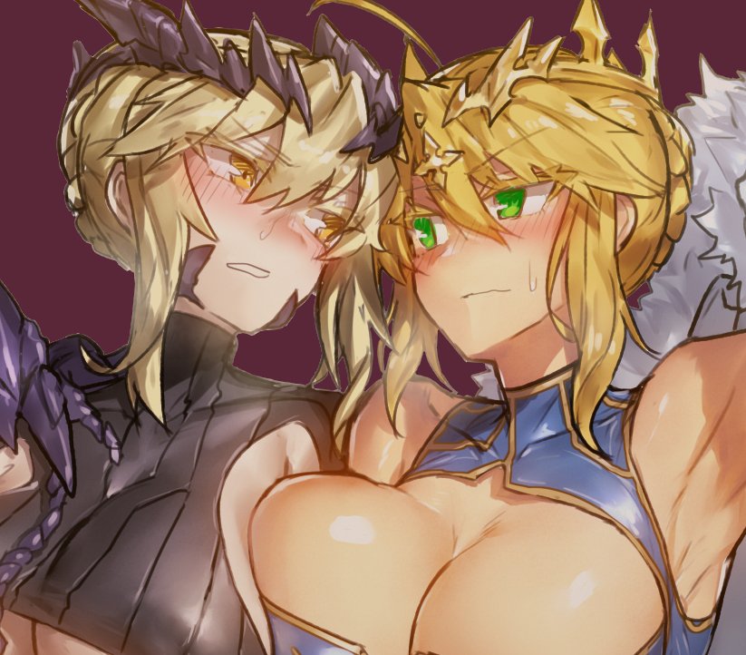 armpits artoria_pendragon_(all) artoria_pendragon_(lancer) artoria_pendragon_(lancer_alter) bare_shoulders black_dress blonde_hair blue_dress blush braid breasts circlet cleavage cleavage_cutout closed_mouth commentary_request dress dual_persona erect_nipples eye_contact fate/grand_order fate_(series) green_eyes hair_between_eyes horns huge_breasts looking_at_another melon22 multiple_girls no_nose nose_blush open_mouth red_background ribbed_dress short_hair simple_background sweatdrop underboob yellow_eyes