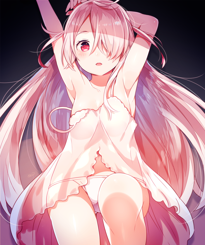 armpits arms_up bare_shoulders blush camisole collarbone commentary_request dress elbow_gloves gloves hair_over_one_eye long_hair looking_at_viewer moe_on_drop original pink_eyes pink_hair solo very_long_hair white_dress