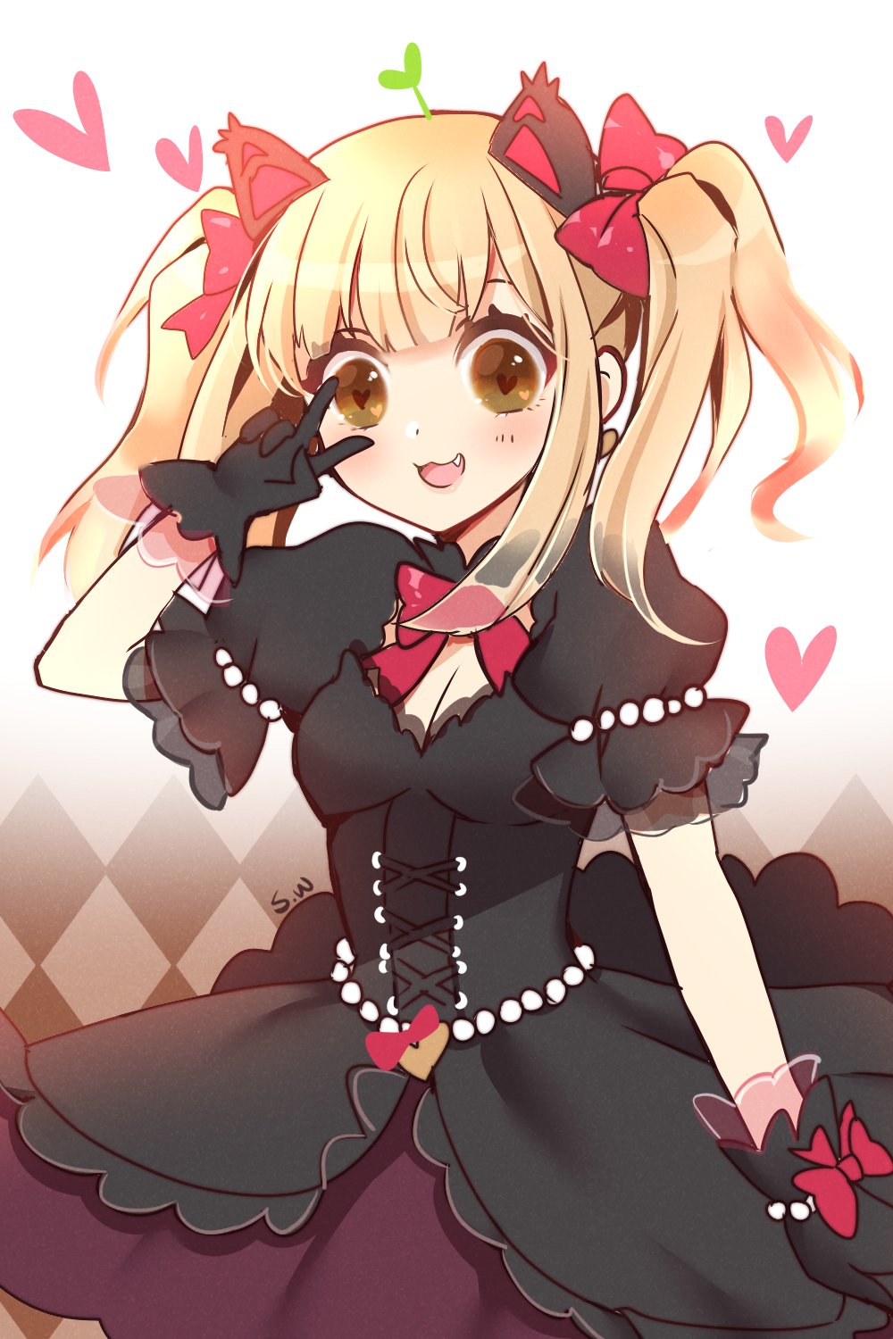 1girl :3 :d animal_ears argyle argyle_background atobesakunolove black_cat_d.va black_dress black_gloves blonde_hair blush bow bowtie brown_eyes cat_ears commentary_request d.va_(overwatch) dress earrings fang gloves gradient gradient_background hair_bow hand_up heart highres jewelry looking_at_viewer open_mouth overwatch pink_bow pink_neckwear signature smile solo standing twintails