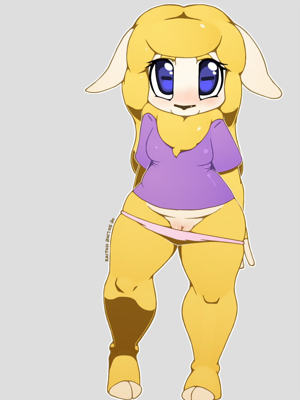 2017 anthro blue_eyes blush brown_nose caprine clothed clothing cute eyelashes female fur grey_background hooves kaitou lili looking_at_viewer mammal panties panties_down partially_clothed pussy sheep shirt simple_background smile solo standing underwear undressing white_fur wool yellow_fur