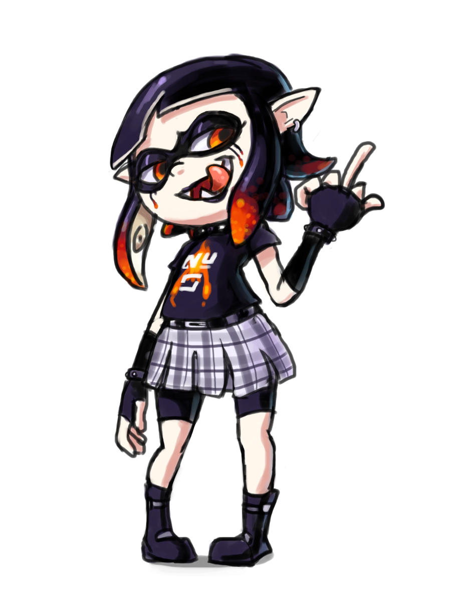 belt black_hair boots clothing ear_piercing female fingerless_gloves footwear gloves hair humanoid inkling looking_at_viewer marine middle_finger multicolored_hair nintendo orange_eyes orange_hair outta_sync piercing plaid pointy_ears running_makeup sharp_teeth shirt shorts simple_background skirt splatoon teeth tentacle_hair tentacles text tongue tongue_out two_tone_hair video_games white_background wristband