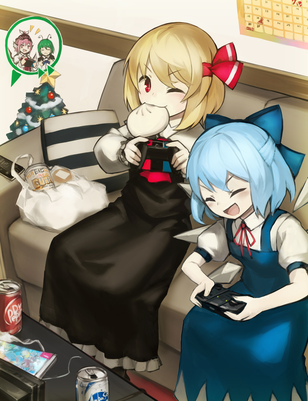 4girls antennae ascot baozi black_skirt black_vest blonde_hair blue_bow blue_dress blue_hair blue_wings bow calendar_(object) can christmas_tree cirno commentary_request controller couch dr_pepper dress eating eyes_closed food green_hair hair_bow hair_ribbon highres holding_controller ice ice_wings indoors magazine mouth_hold multiple_girls mystia_lorelei one_eye_closed pillow pink_eyes pink_hair playing_games puffy_short_sleeves puffy_sleeves red_eyes red_neckwear red_ribbon ribbon rumia shirt short_hair short_sleeves sitting skirt skirt_set smile spark621 striped table team_9 touhou vest white_shirt wing_collar wings wriggle_nightbug