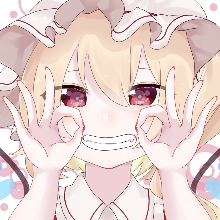 1girl bangs blonde_hair blush collared_shirt commentary_request eringi_(rmrafrn) eyebrows_behind_hair fangs fingernails flandre_scarlet frilled_shirt_collar frills grin hair_between_eyes hands_up hat long_hair looking_at_viewer mob_cap nail_polish ok_sign one_side_up portrait red_eyes red_nails shirt smile solo symbol_in_eye touhou white_hat