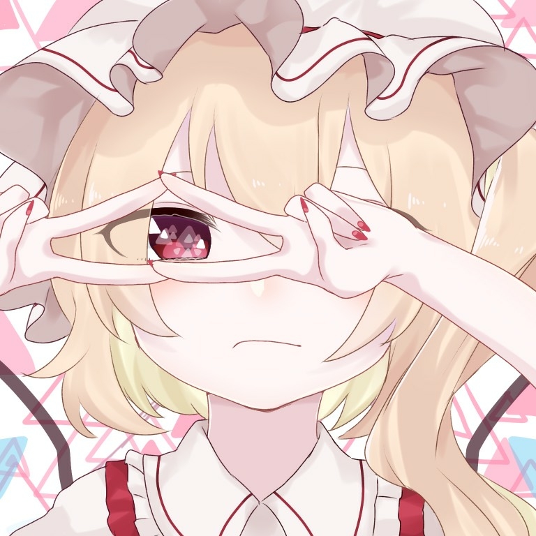 1girl arms_up bangs blonde_hair blush closed_mouth collared_shirt double_v eringi_(rmrafrn) eyebrows_behind_hair fingernails flandre_scarlet frilled_shirt_collar frills hair_between_eyes hat long_hair looking_at_viewer mob_cap nail_polish one_eye_covered one_side_up portrait red_eyes red_nails shirt solo symbol_in_eye touhou v v_over_eye white_hat