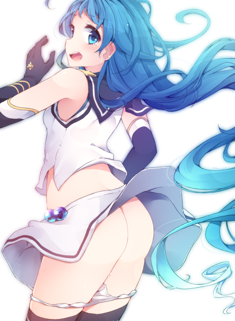 ass bangs bare_shoulders black_legwear blue_eyes blue_hair commentary_request cowboy_shot elbow_gloves eyebrows_visible_through_hair floating_hair from_behind fuuen_(akagaminanoka) gloves highres kantai_collection long_hair looking_at_viewer looking_back open_mouth panties panty_pull samidare_(kantai_collection) school_uniform shirt simple_background skirt skirt_lift sleeveless sleeveless_shirt solo standing tears underwear very_long_hair white_background white_panties white_shirt white_skirt