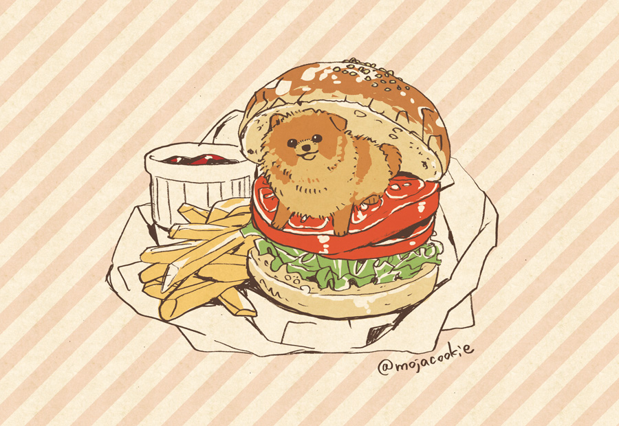 dog food french_fries hamburger lettuce mojacookie no_humans plate pomeranian_(dog) sauce signature striped striped_background tomato